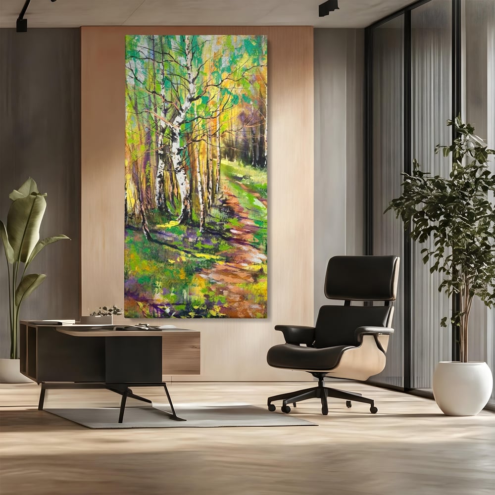 Tablou canvas cu tablou canvas cu padure si mesteacani, fara rama, pe sasiu de lemn, pe perete intr-un birou